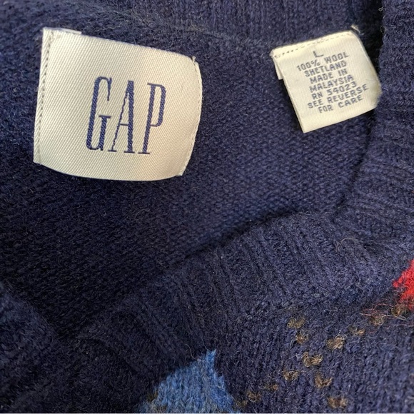 Vintage GAP Argyle V neck Sweater 100% Shetland Wool Navy Men’s LARGE 90s - Picture 4 of 4